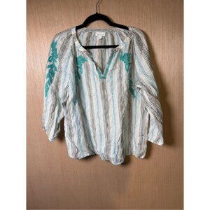 J. Jill boho embroidered floral striped linen puff sleeve‎ blouze